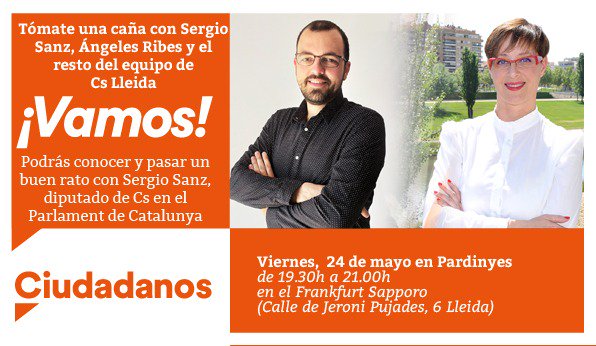 Cs_Lleida's tweet photo. 🍊Acto final de campaña con el diputado @sergiobarcelona mañana viernes en #Lleida. Podrás tomarte una caña con él, con @AngelesRibes_68 y con el resto del equipo de #CsLleida. Te esperamos a partir de las 19.30h en el Frankfurt Sapporo, en #Pardinyes #VamosLleida #RibesAlcaldesa https://t.co/BOF8MXbECA