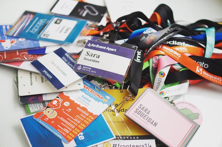 SaraSoueidan's tweet image. It’s been almost 5 years since I gave my first talk (at @CSSConf 💜) in 2014. 40 conferences over 5 years. I’m eternally grateful for each and every one of them. الحمد لله 🙏🏻😊 (and yes I do collect the badges; and they’ve gotten quite heavy ☺️)