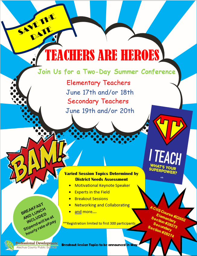 SBAC_PD's tweet photo. ACPS Professional Development office hosting a two-day summer conference. 
 Teachers will receive a stipend at their hourly rate of pay, breakfast and lunch provided.   Register soon -spots limited. 
@acpsela @ACPS_SocStudies  @ACPS_mim  @ACPSMath 
#teachersareheroes https://t.co/6nDtcFJaJ9