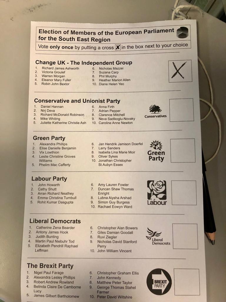 I stuck an X in the top box. For the MPs & activists of @ForChange_Now #ChangeUK who had the courage to step away from their parties & strike out to #ChangePolitics, for #Remain, for #RevokeA50, for a More Secure Future in the EU for my family.  #EUElections2019 #RemainVoter