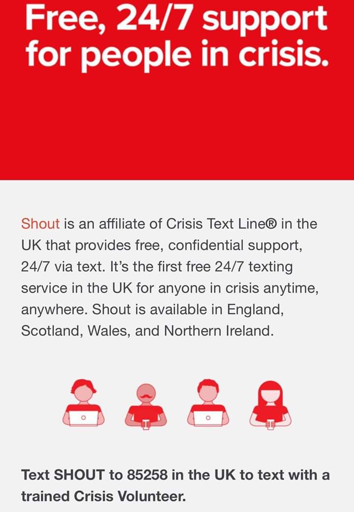 This looks like a fantastic resource for people in crisis. Available to anyone in the UK. Text SHOUT to 85258
Please feel free to share 💗🙏 #SHOUT #Crisissupport #MentalHealthAwareness @sallycroachy @suzannezeedyk @AreaDunoon @AshcroftBen @Jardine_SRC @Bethaud @RiverGardenAyr