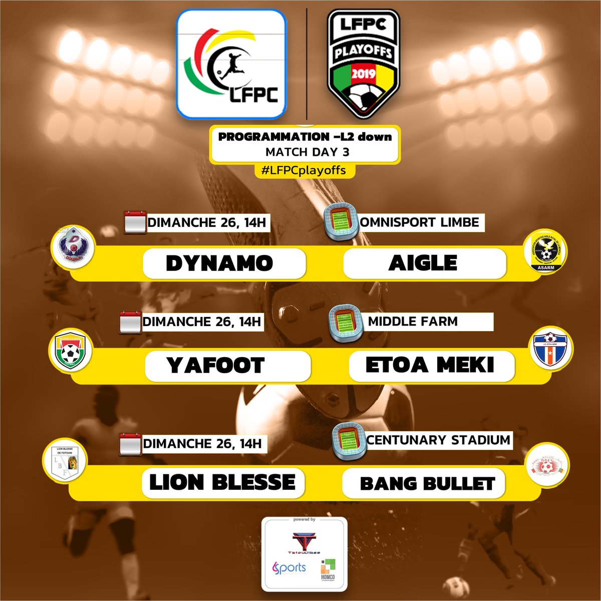 KamerfootTeam's tweet photo. #LFPC
#LFPCplayoffs
#L2TOP & #L2DOWN
Programmation des matchs de la 3ème journée ce week-end. Samedi 25 et Dimanche 26 Mai 2019.
@lfpc_fr https://t.co/pZJCmmDMVS