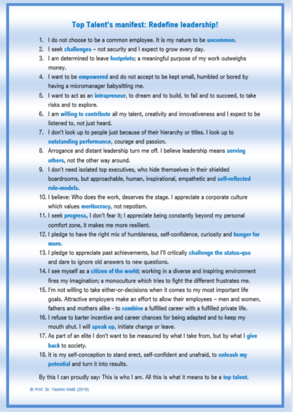 ProfYasminWeiss's tweet photo. After many discussions &amp; exchange of thoughts with so many int. top talents, I'm happy to publish the "Top Talents' Manifest: Redefine #Leadership!". This is the essence of how top talents see themselves, define #attractivework &amp; effective leadership. #DigitalLeadership #NewWork https://t.co/Q62YJGPMAq