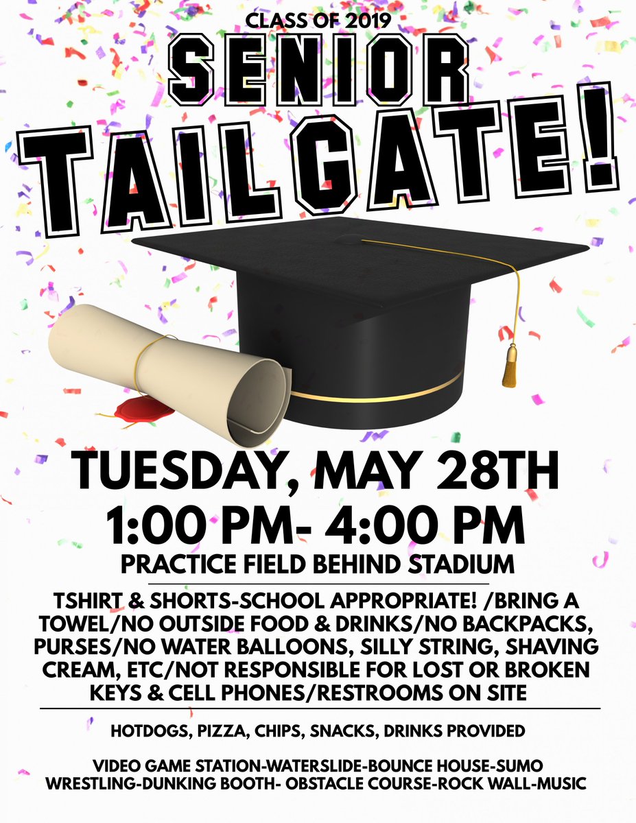 MillerHS_StuCo's tweet photo. SENIORS!!! Check out the Tailgate info...questions ask @RMHS_APMartinez. Hope to see everyone there! It's almost time for the Class of 2019 to Shine! 💜💛🤩 https://t.co/V0vqn8pA7w