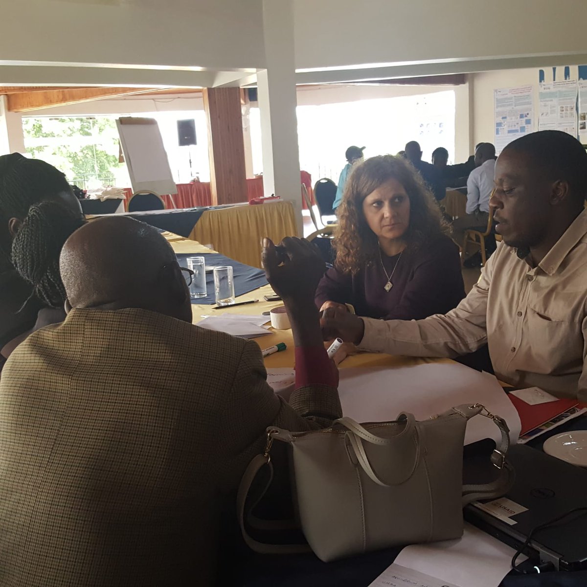 EfD_UK's tweet photo. Participants from @MeteoUganda and @MakerereU explain to Prof Ros Cornforth from @WalkerInst how IDAPS could help them communicate #flood #risks to #communities and other stakeholders at today's #stakeholder consultation in Kampala https://t.co/UZLpyYi8Ym