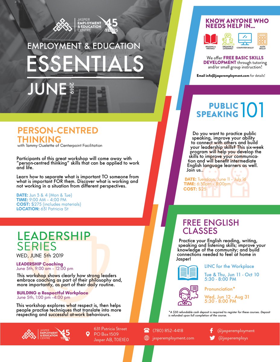 jasperemploys's tweet photo. We made a new flyer for June! Please note that the training 'Explore How Past Lives Affecting You' will be happening on June 15th but is not on this flyer. #Jasper #Wellbeing #professionaldevelopment #Personcenteredthinking #ESL #Adulted #publicspeaking #career #employment https://t.co/CWxijLmG04