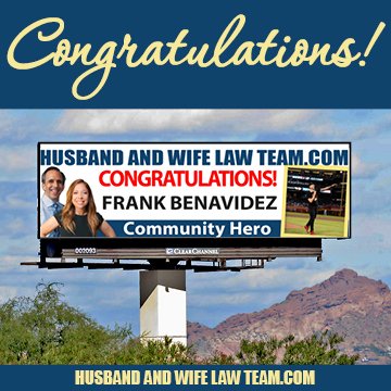 We're happy to honor @dbackdays as a community hero! Frank gives back through toy &amp; food drives, raising money for cancer research, coaching flag football &amp; more! Be on the lookout for Frank on our billboards tomorrow. #HusbandAndWifeLawTeam #InjuryLawyers #GiveBack #Community
