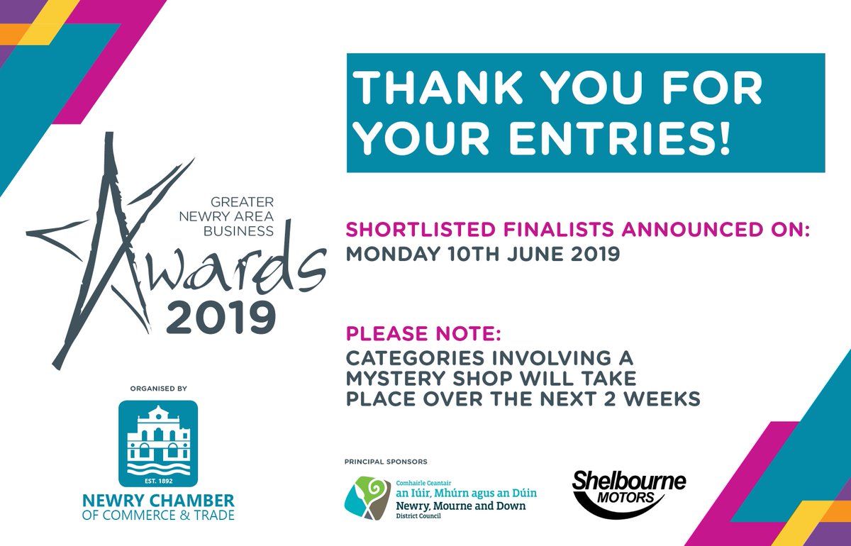 NewryChamber's tweet photo. #THANKYOU to every single organisation who took the time to submit their applications for the Greater Newry Area Business Awards 2019.

𝗙𝗜𝗡𝗔𝗟𝗜𝗦𝗧𝗦 𝗔𝗡𝗡𝗢𝗨𝗡𝗖𝗘𝗗 𝗢𝗡:
Monday 10th June

𝗚𝗔𝗟𝗔 𝗔𝗪𝗔𝗥𝗗𝗦 𝗖𝗘𝗥𝗘𝗠𝗢𝗡𝗬:
Thursday 27th June

#NewryBusinessAwards https://t.co/VwvA12keKx