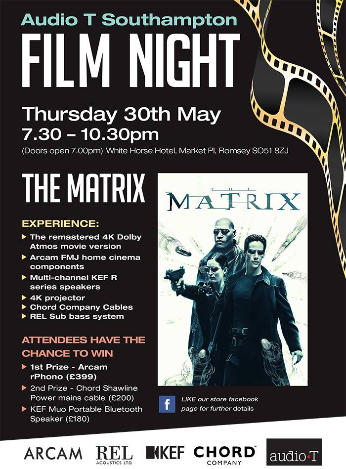 Join @audiotgroup at <a href="/WHRomsey/">White Horse Romsey</a> for a Matrix viewing party featuring REL Acoustics subwoofers, Arcam home cinema components and KEF R series speakers. You even have a chance to win some awesome prizes. Learn more and reserve your spot at conta.cc/2GuZIMU