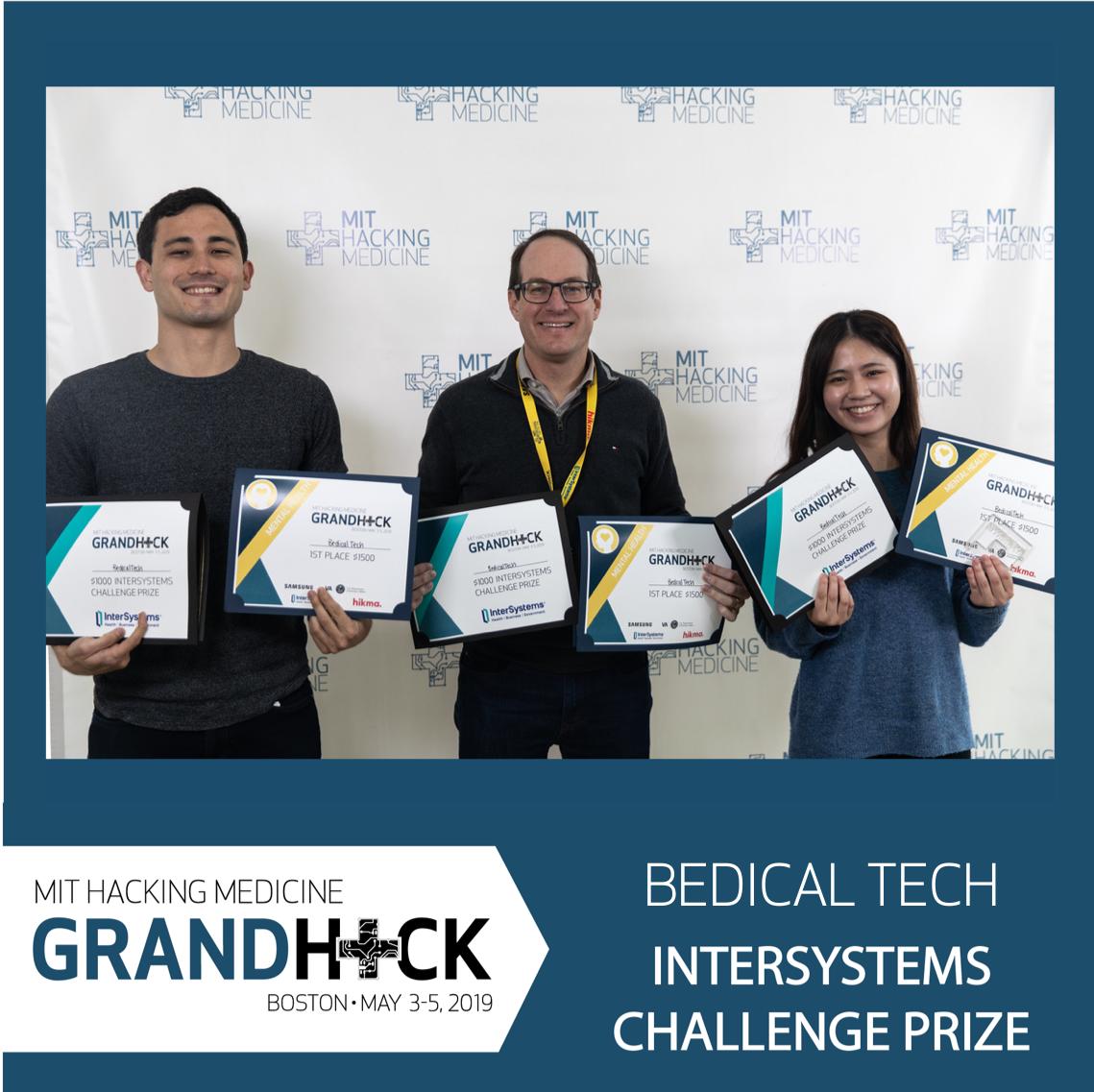 mithackmed's tweet photo. #GrandHack2019 @mithackmed Congrats to BEDICAL TECH winner of the $1,000 @InterSystems Challenge Prize for the best use of the IRIS Health platform by developing a solution to match patients with the right bed they need to continue care! #healthcare #innovation #medicine @MIT https://t.co/Xt8gNAsKGt