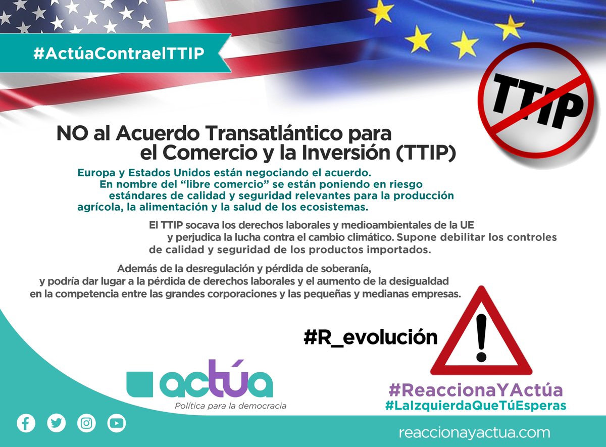 ActuaSanSe's tweet photo. ¿Sabías que?
Los gobiernos de la UE -incluido el español en funciones- han respaldado la apertura de las negociaciones comerciales con EEUU. En Actúa lo tenemos claro. Votaremos #NOalTTIP. Junto a @yanisvaroufakis y @EU_Spring y @mgarzonactua pararemos el #TTIP y #CETA @NOalTTIP https://t.co/w4sQUFMIRa