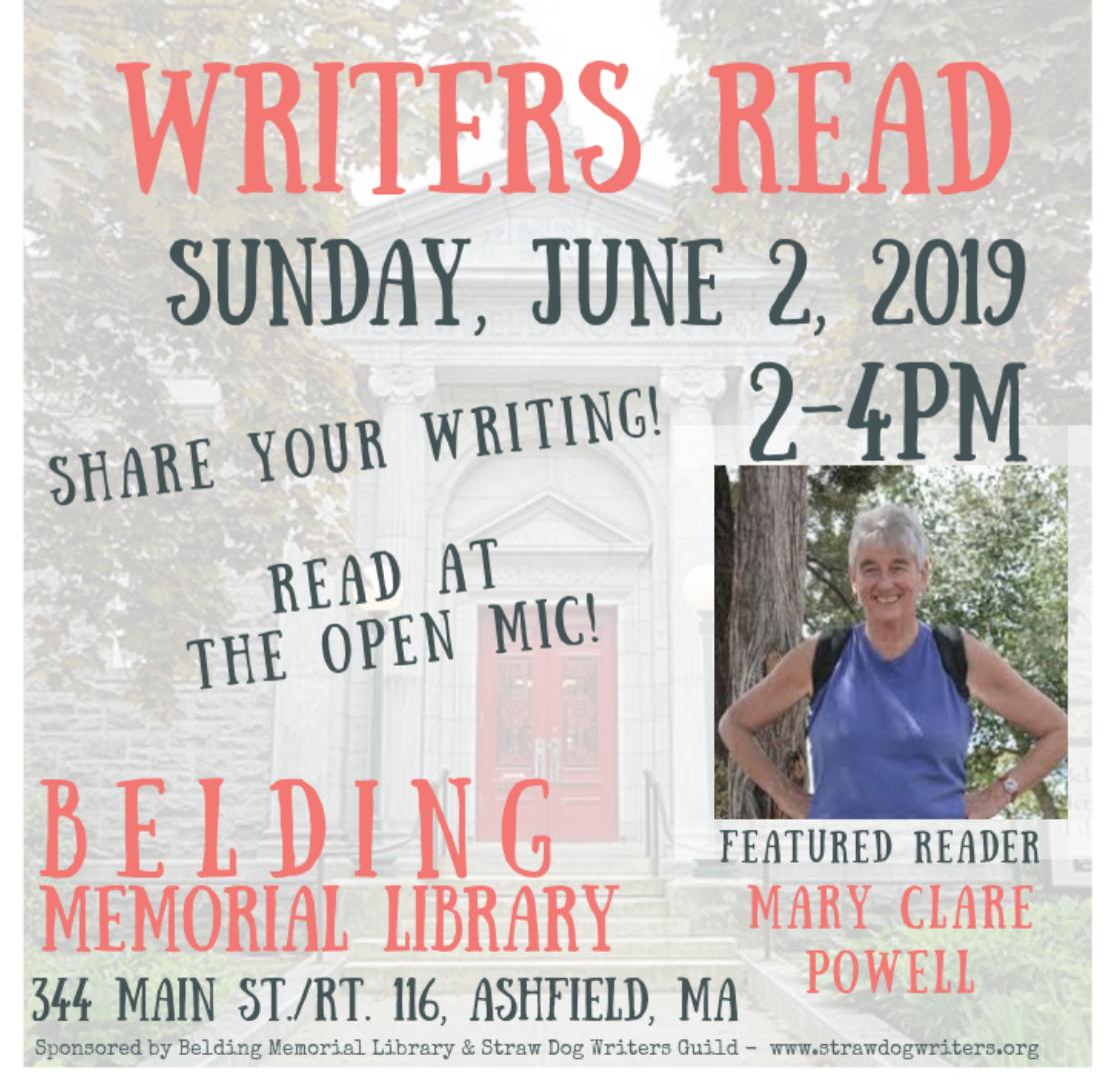 A week from Sunday, #June22019 #ashfieldma #BeldingMemorialLibrary #writersread 
Host Jane Roy Brown will introduce Mary Clare Powell. #allwelcome 2-4 p.m.