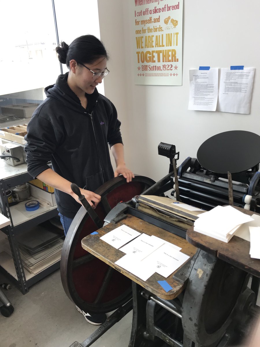 KLeuner's tweet photo. SCU Letterpress had our debut open house yesterday, and it was a packed house. Students, faculty, staff, community printers, master bookmakers, and our donor printed text messages together. Encore! #dh_scu #letterpress 
@KathyAoki 
@triproftri 
@SCU_Library 
@scuenglish 
@keenera https://t.co/MA5CYLkROz
