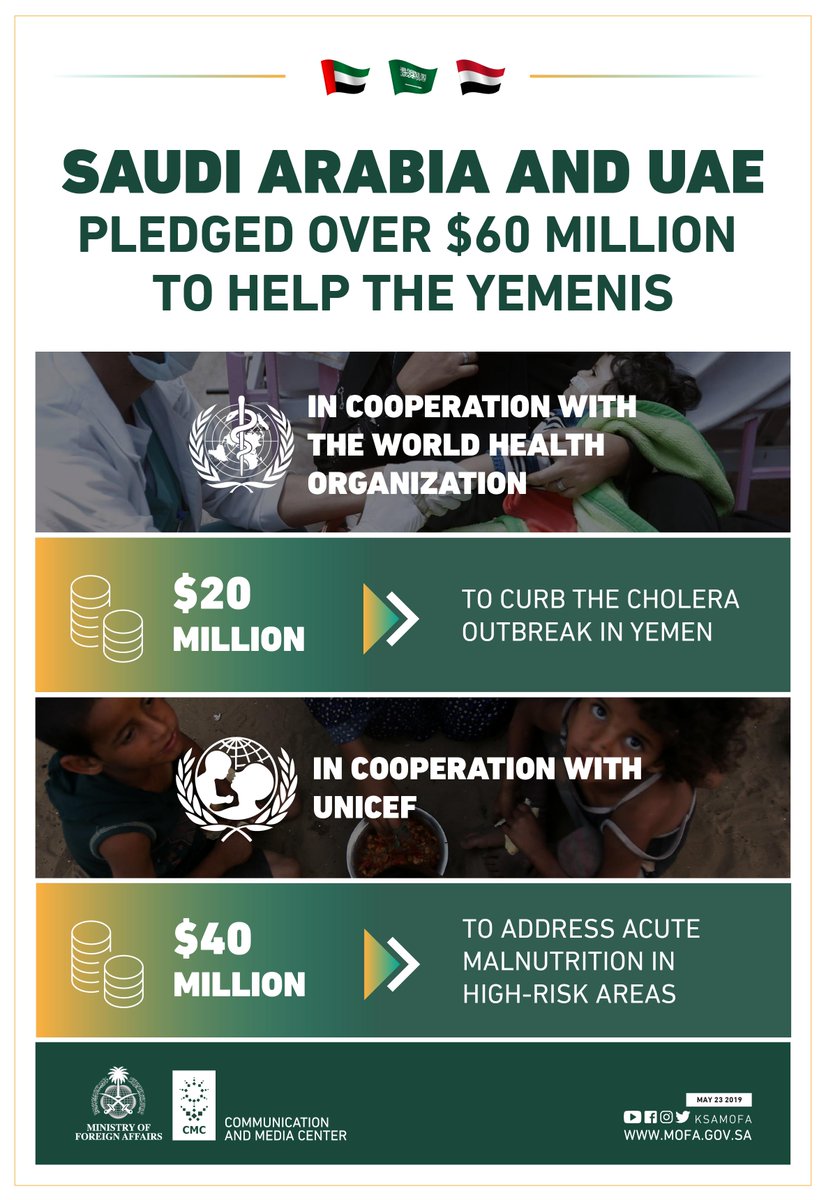 KSAmofaEN's tweet photo. #KSArelief | #SaudiArabia and #UAE
Ink Deals to Combat Cholera and Malnutrition in #Yemen 🇾🇪 https://t.co/QBo7vkQ5nN