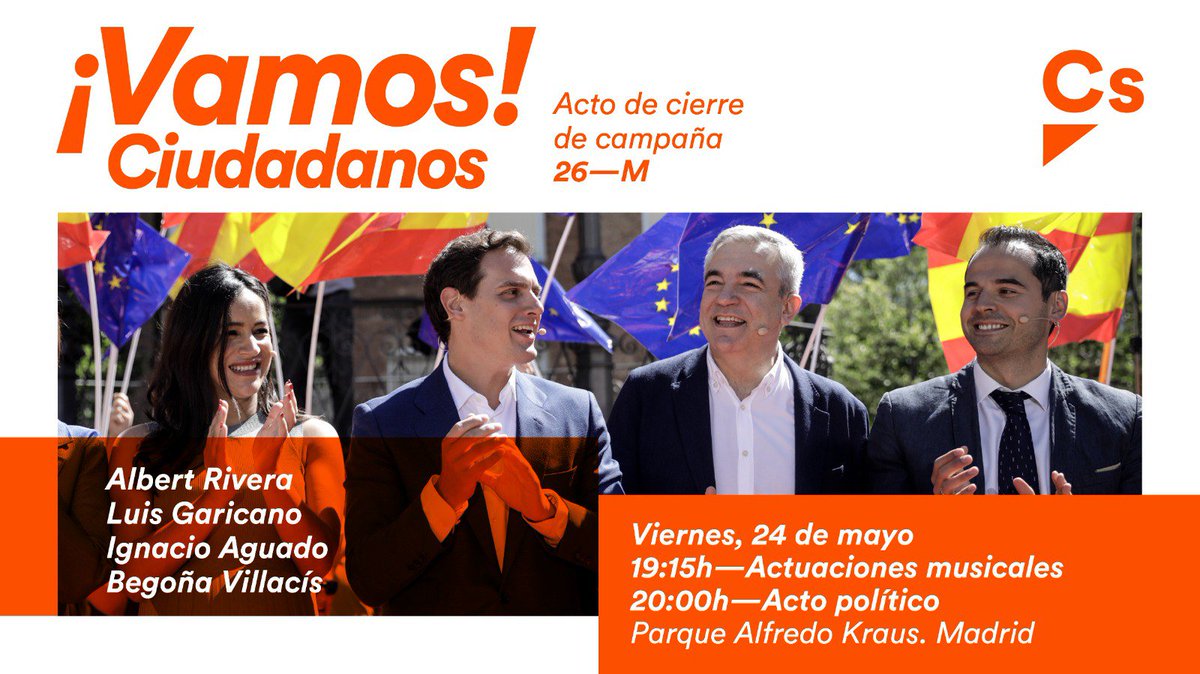 CsMeco's tweet photo. 🍊 Os esperamos a todos mañana, en nuestro acto de cierre de campaña, en el parque Alfredo Kraus. Contaremos con @Albert_Rivera @ignacioaguado 
Begoña Villacís y @luisgaricano. #VamosCiudadanos #VamosMeco🍊 https://t.co/gcIw5P4KN9