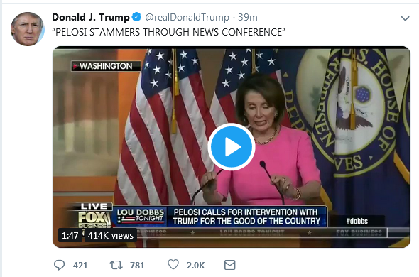 windthin's tweet photo. So you know that ring-wing hit job on Nancy Pelosi where they're posting videos of her slowed down and altered to make her seem drunk and slurring her speech?
The fake president of the United States just posted that.
Still believe he's a #verycalm #StableGenius? https://t.co/DhlmN9hYFg