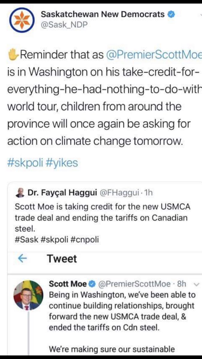 Does the <a href="/Sask_NDP/">Saskatchewan New Democrats</a> pay any attention to what their leader says anymore? 

Last week, <a href="/ryanmeili/">Ryan Meili (has left)</a> was giving credit to <a href="/PremierScottMoe/">Scott Moe</a> for his efforts on the steel tariffs. 🤔

#PickALane #skpoli