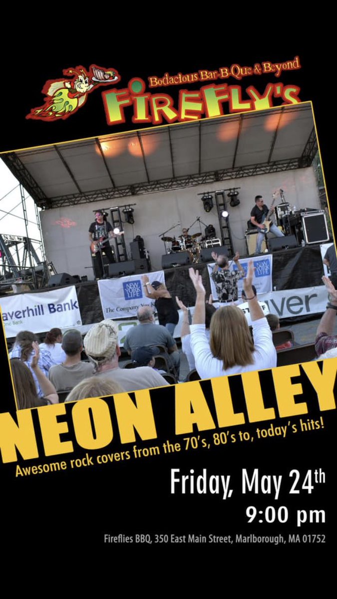 NeonAlleyBand's tweet photo. Firefly’s. Great for live music! stage! Please share
#fireflys #marlboroma #marlboroughma #neonalley #neonalleyband #rockandroll #rock #livemusic #boston #massachusetts #newengland #dancing #dmvgraphics #graphicdesign #bbq #barbecue #classicrock #framingham #natick #worcester https://t.co/u60Kgmbccx