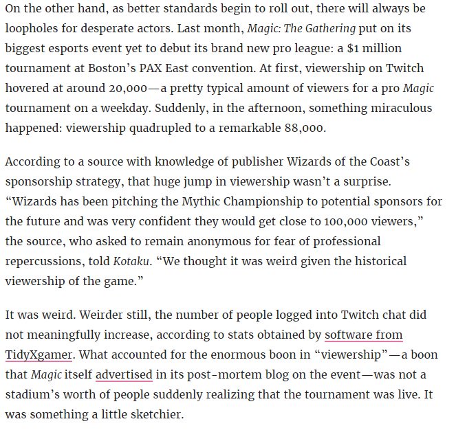 SaffronOlive's tweet photo. Wow. This article is pretty brutal on the Mythic Invitational inflating views and to meet a 100k viewer number it quoted sponsors. https://t.co/kfWdY9oTTo https://t.co/XNR9tmDQCR