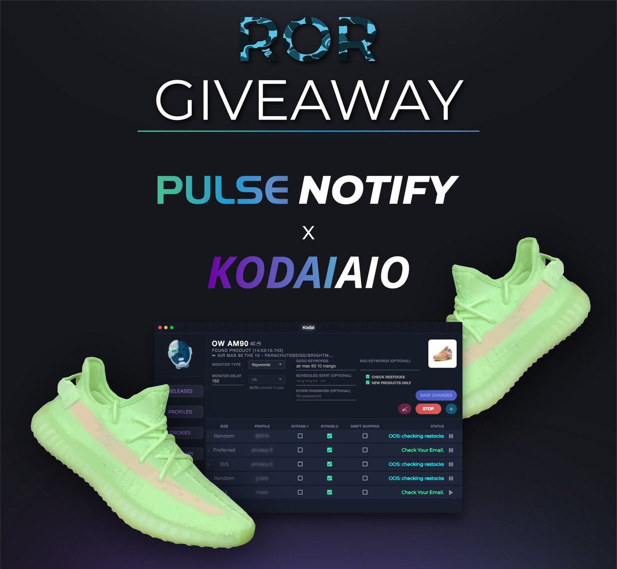 RetailorResell's tweet photo. 🎉 GIVEAWAY! 🎉

We're teaming up with @KodaiAIO and @PulseNotify to give away the ultimate essentials to reselling! 💪

Prizes:
- 1x YEEZY 350 "GITD"! 🤑
- 3x PN Memberships!
- 1x Kodai Renewal Copy!

Enter By:
- RT this Tweet.
- Follow @KodaiAIO @PulseNotify @RetailorResell https://t.co/aRJEVSSnBy
