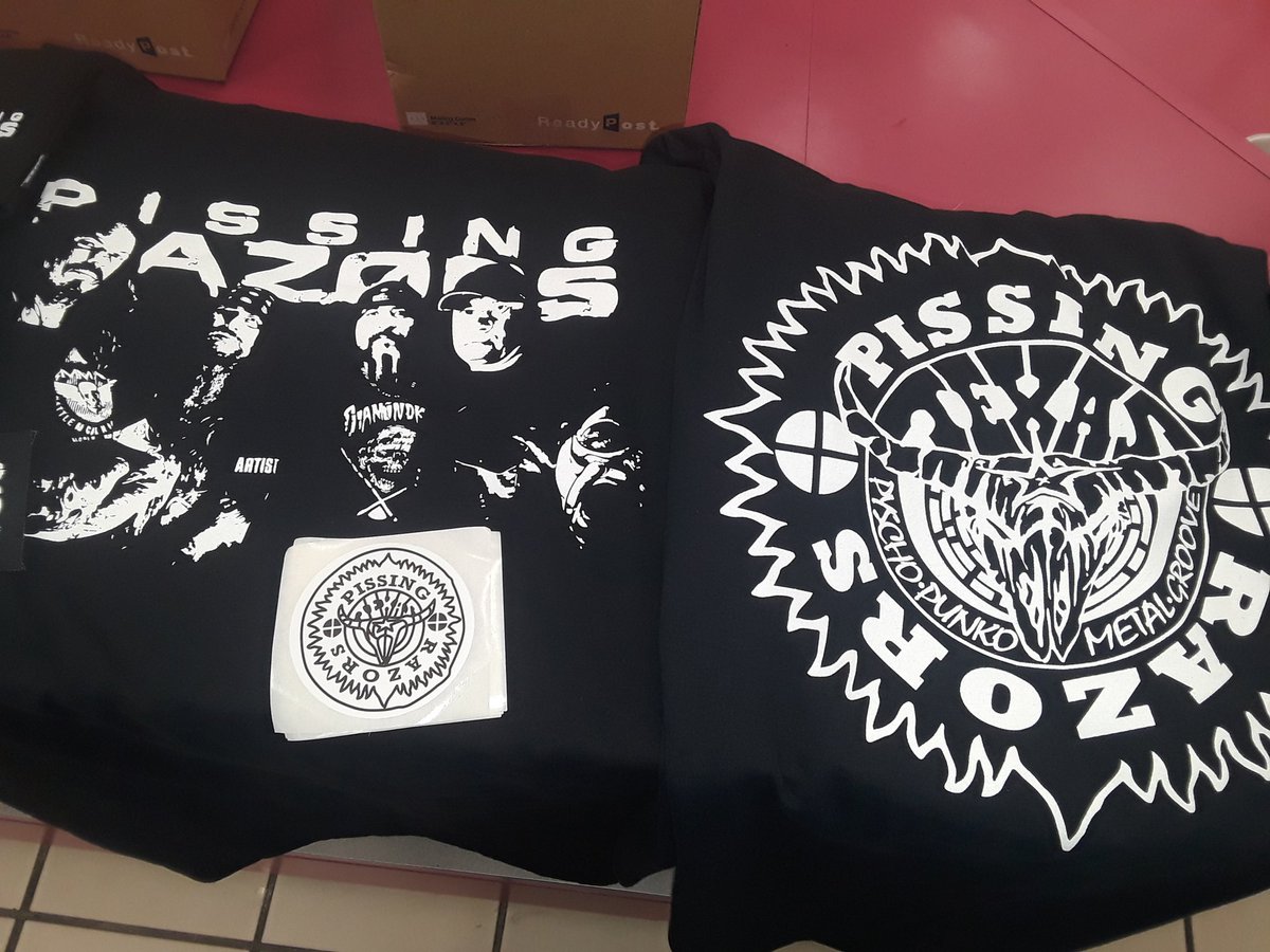 PISSINGRAZORS's tweet photo. Keep those merch orders coming in & we'll keep cranking them out. Thank you all Razor Familia, we appreciate you! #pissingrazors #spreadtheplague #psychopunkometalgroove #crushinggrip #leftfordead #spotify #iTunes #youtube #artiswarrecords #merchgirlsrock #thankyou https://t.co/EEpZJXzxFL