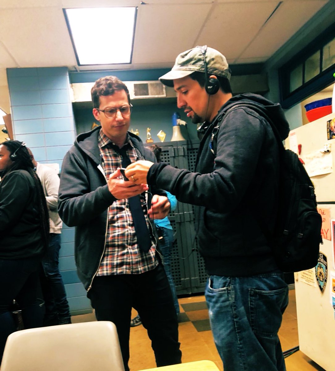 Lin_Manuel's tweet photo. Now It Can Be Told! @thelonelyisland  playing me that Bash Brothers 🔥🔥🔥 back on the @nbcbrooklyn99 set, Halloween 2018. I’ve been stifling singing it out loud for MONTHS! https://t.co/6mqFmbmHBc