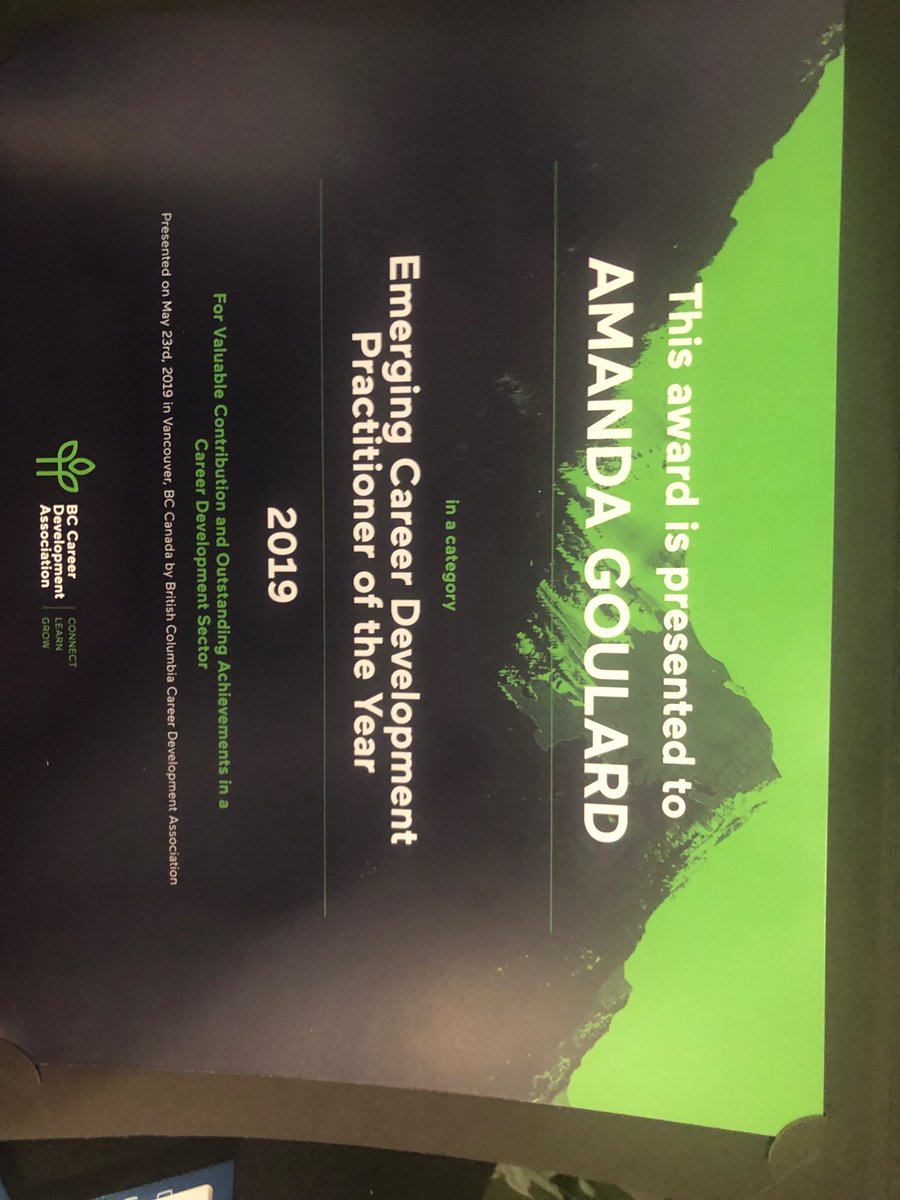 BCLMR's tweet photo. So excited for friend and colleague Amanda Goulard, w/ GT Hiring Solutions @GTHiringBlog to win the @BCCDA1 'Emerging Career Development Practitioner of the Year' award for 2019. Conference has been amazing! Thanks to all the organizers &amp; volunteers!#BCCareerDevelopmentConference https://t.co/tQGnSmBXRg