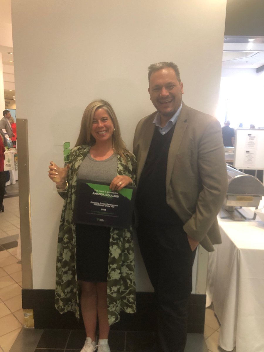 BCLMR's tweet photo. So excited for friend and colleague Amanda Goulard, w/ GT Hiring Solutions @GTHiringBlog to win the @BCCDA1 'Emerging Career Development Practitioner of the Year' award for 2019. Conference has been amazing! Thanks to all the organizers &amp; volunteers!#BCCareerDevelopmentConference https://t.co/tQGnSmBXRg