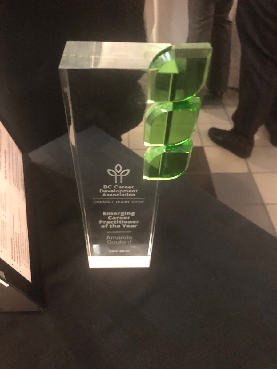 SaintCyrLMI's tweet photo. So excited for friend and colleague Amanda Goulard, w/ GT Hiring Solutions @GTHiringBlog to win the @BCCDA1 'Emerging Career Development Practitioner of the Year' award for 2019. Conference has been amazing! Thanks to all the organizers &amp; volunteers!#BCCareerDevelopmentConference https://t.co/rEUP7OgNQw