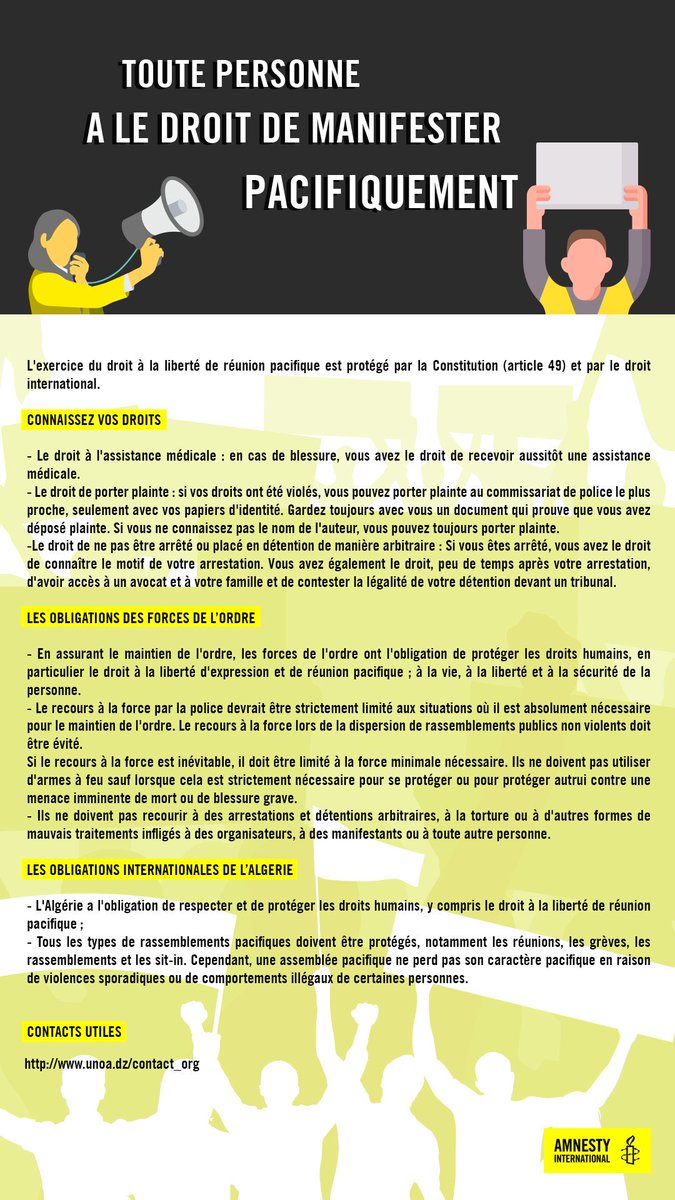 Toute personne a le droit de manifester pacifiquement.

#ConnaissezVosDroits

#Algérie