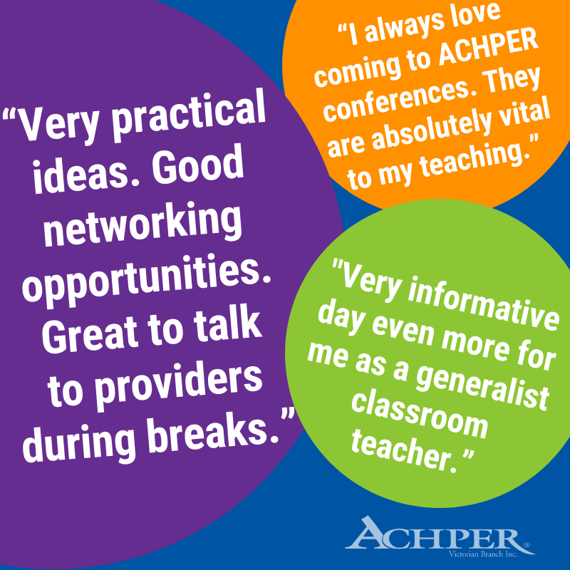 vicachper's tweet photo. Are you a primary school #HPE or generalist teacher looking for ways to build capacity to achieve successful student outcomes? Don't miss our #ACHPERVicPrimary HPE Conference on 24 JUNE! Here's what delegates had to say about 2018s event 😊 >> https://t.co/dEAUSMboXS #PDevent https://t.co/XqsT7XEwoS