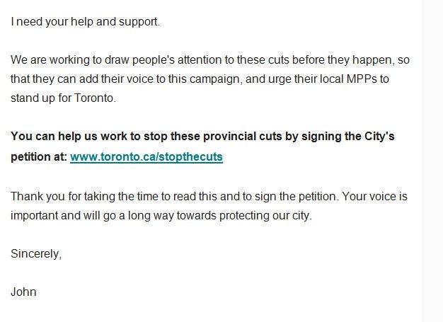 jpags's tweet photo. New: Mayor Tory is appealing to residents directly to sign the city's petition opposing the Ford government's cuts. Here's the email that just went out: https://t.co/UrXHTIwQcf