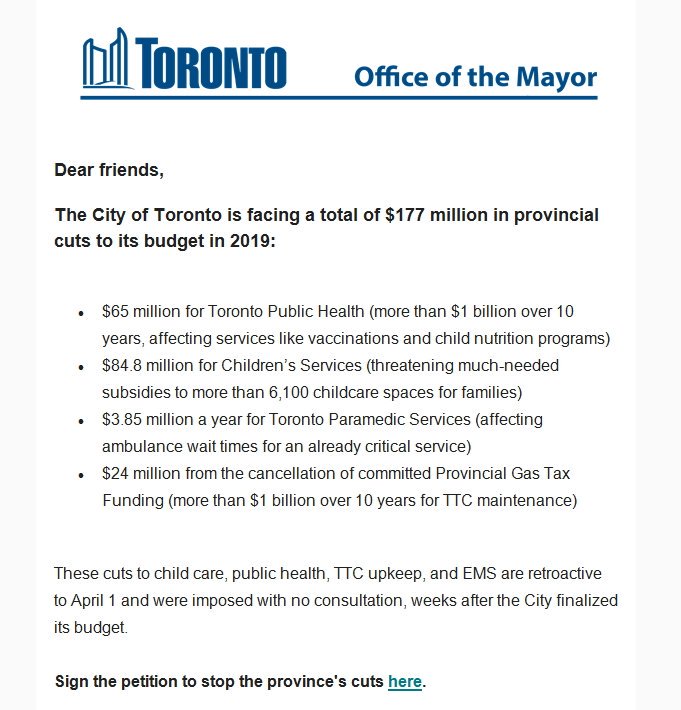 jpags's tweet photo. New: Mayor Tory is appealing to residents directly to sign the city's petition opposing the Ford government's cuts. Here's the email that just went out: https://t.co/UrXHTIwQcf