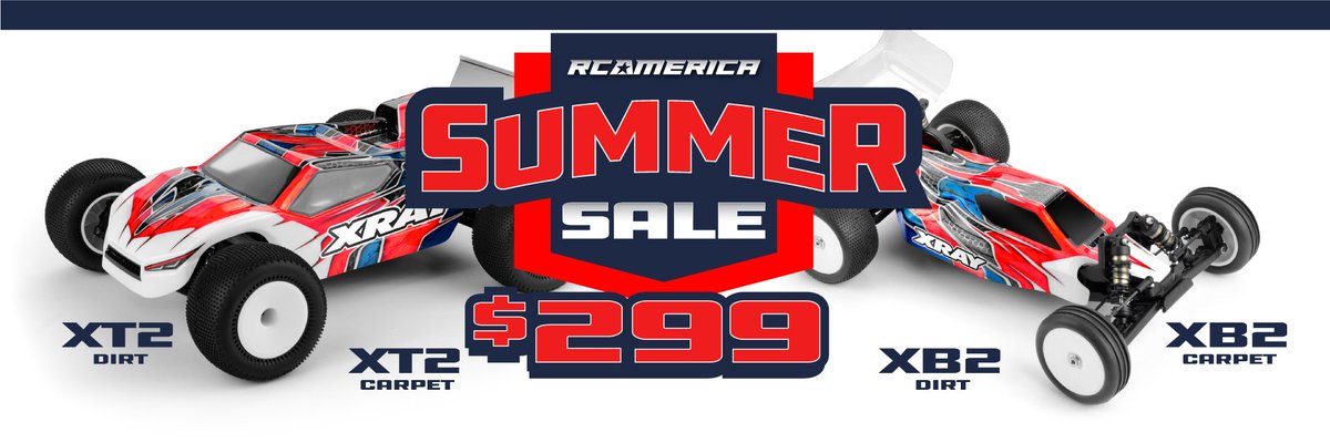 RCAmericaLP's tweet photo. The RC America Summer Sale means you can grab the XRAY 2wd 1/10 scale buggy or truck (carpet or dirt) for one low price. Visit https://t.co/dcASBQ0vf8 and order yours. https://t.co/4XkFsFmVJg