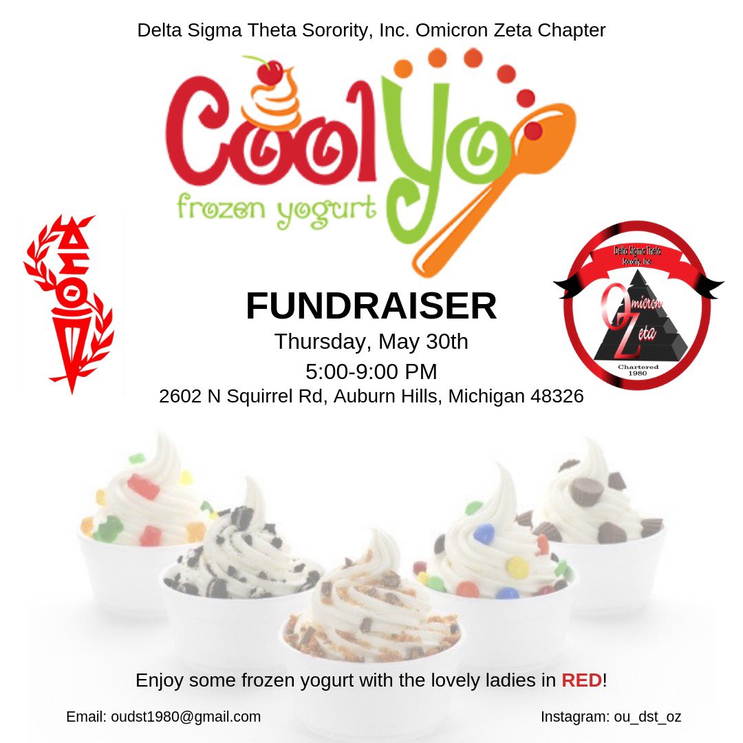 Join us for some frozen yogurt at Coolyo, across the street  from campus! There will be a tip jar where you can donate to the Omicron Zeta Chapter! Thank you and see you there!

#DeltaSigmaTheta #DST
