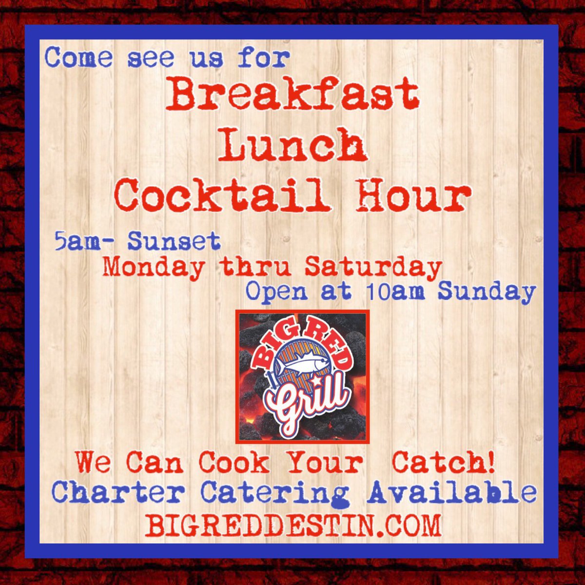 🚩Now you can get breakfast at Big Red Grill SIX DAYS A WEEK!  Starting Friday we open at 5am Mon-Sat, 10am for lunch on Sundays. Summer is here, y’all! We are ready! Give em a follow <a href="/BIGREDGRILLDSTN/">BIGREDGRILLDESTIN</a>