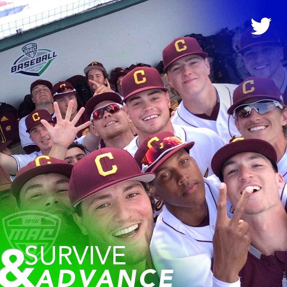 MACSports's tweet photo. The top seeded @CMUBaseball squad is all smiles &amp; moving on in the winner’s bracket. 

#FireUpChips #MACtion https://t.co/53eC6gzxbG