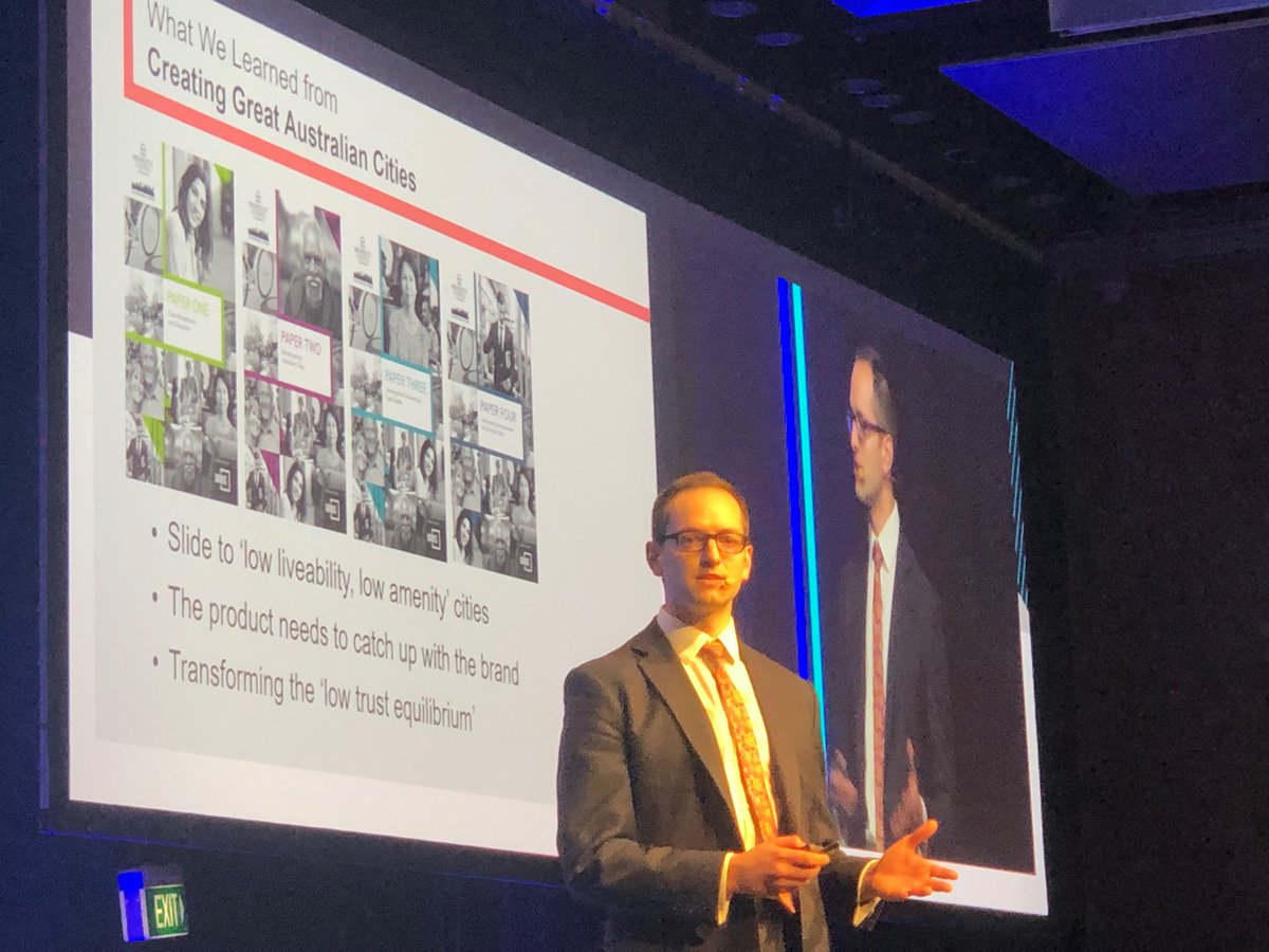 A low trust equilibrium, a slide to low liveability low amenity cities, a product that has to catch up with its brand. Challenges identified in Creating Great Australian Cities project. Dr Tim Moonen ⁦<a href="/TheBizOfCities/">TheBusinessOfCities</a>⁩ #futurecities