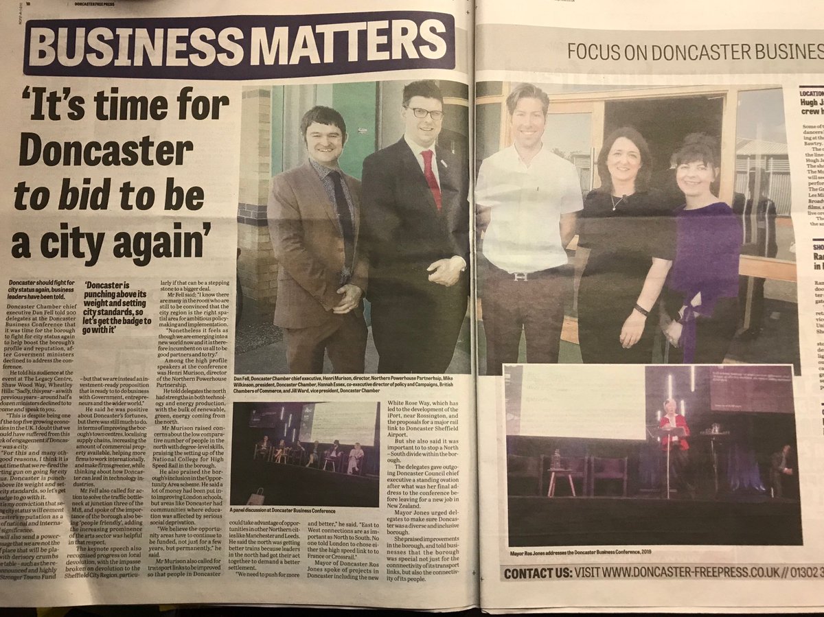 DNChamber's tweet photo. Public & private sector leaders discussed the strengths & opportunities of doing business locally & globally at the recent Doncaster Business Conference. Read all about it in this wks @DonnyFreePress #DNFuture @Signumfm @FrogEducation @henrimurison https://t.co/NbqHuj4AvZ