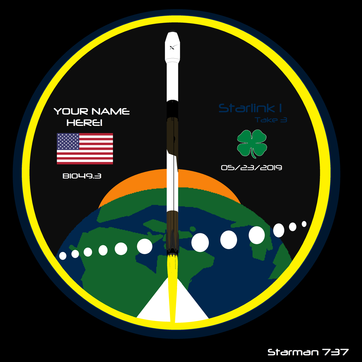 Falcon9Block5's tweet photo. #Starlink @SpaceX Countdown NET Update! T-0:37:00
Go/No Go for LOX Load (GO) #GOFALCON9!!!!!! Made a little something for people to make this launch special.  I made a mission patch for #Starlink that u can edit ur name onto! Share it around, and post it with #GoFalcon9! :) https://t.co/J2rN788QED