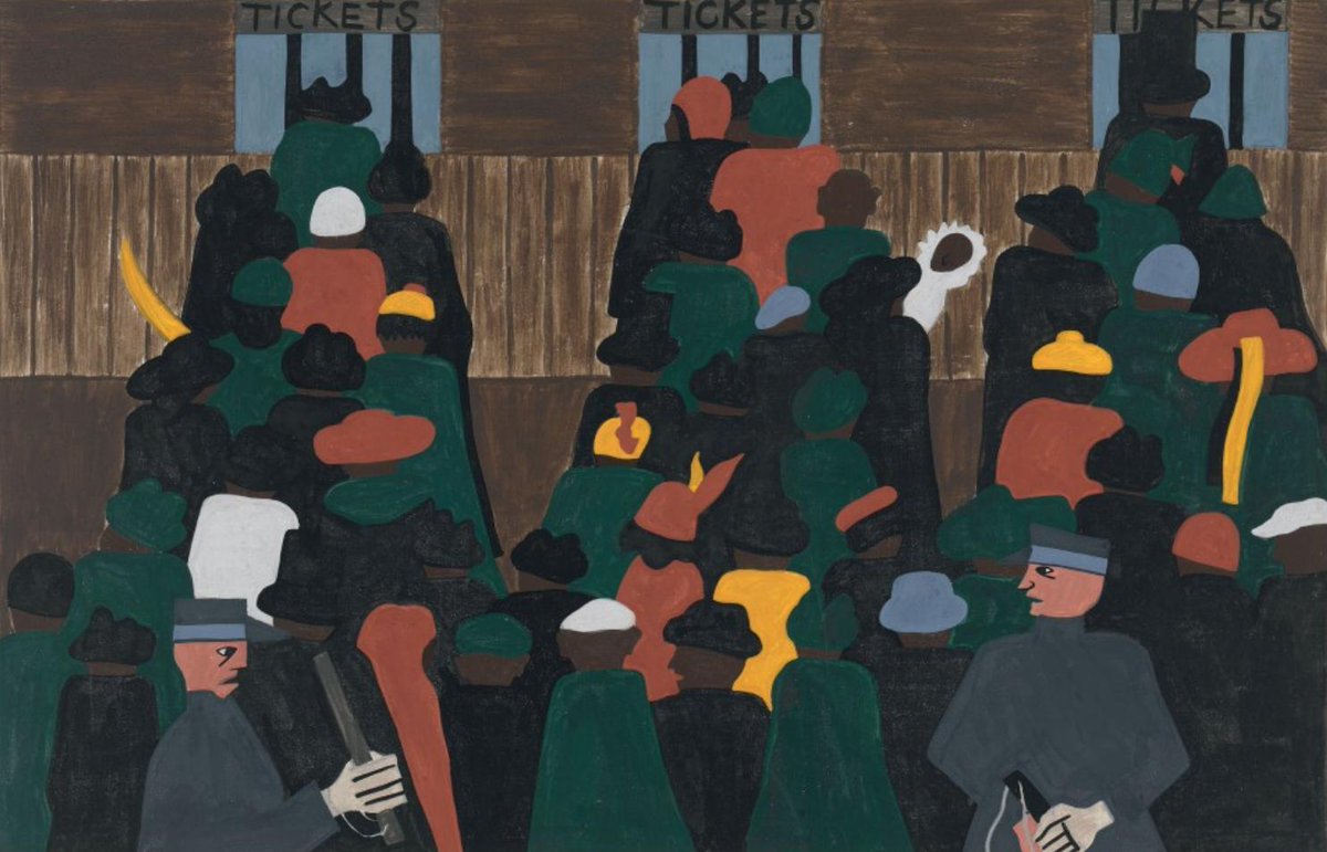 "The railroad stations were at times so crowded with people leaving that special guards had to be called to keep order."#12, Great Migration Series, 1941Jacob LawrenceMOMA