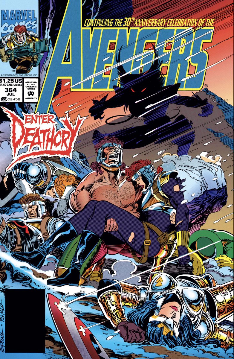 DailyAvengersHQ's tweet photo. #Avengers 364 - #Deathcry arrives in the Andes with her starship and rescues the Avengers &amp; Magdalene! However, after the Shi'ar warrior's arrival, something else arrives too. Something large, robotic, and decidedly alien in nature! A Kree Sentry! And not just one, but a dozen! https://t.co/UCD22Ibqn5