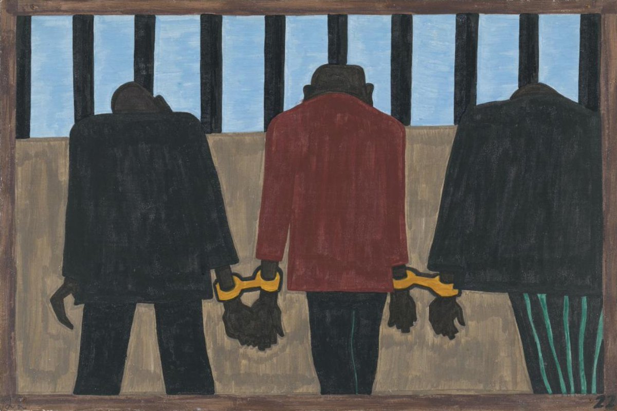 "Migrants left. They did not feel safe. It was not wise to be found on the streets late at night. They were arrested on the slightest provocation."#22, Great Migration Series, 1941Jacob LawrenceMOMA