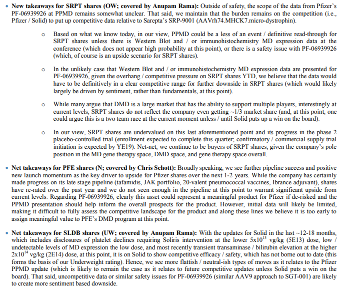 syinvesting's tweet image. At #PPMD next month, $PFE is expected to present #DMD data from its ongoing Phase 1b clinical trial evaluating PF-06939926 - a microdystrophin-AAV9 #GeneTherapy.

Here is JPM's respective scenario analysis for $SRPT &amp;amp; $SLDB