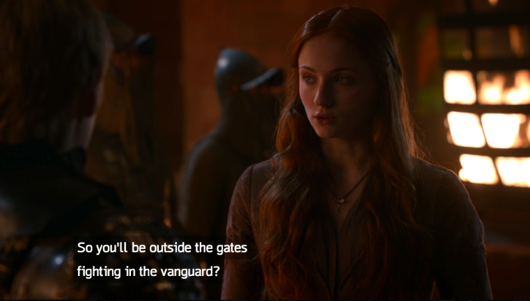 sansacstark's tweet photo. sansa tricking joffrey and making him think he should go outside the gates to fight, knowing he'll be in more danger and more likely to be killed, i'm SCREAMING. this girl has always been smart and known what was up, ya'll have just never given her credit https://t.co/3dg3CeCYjn