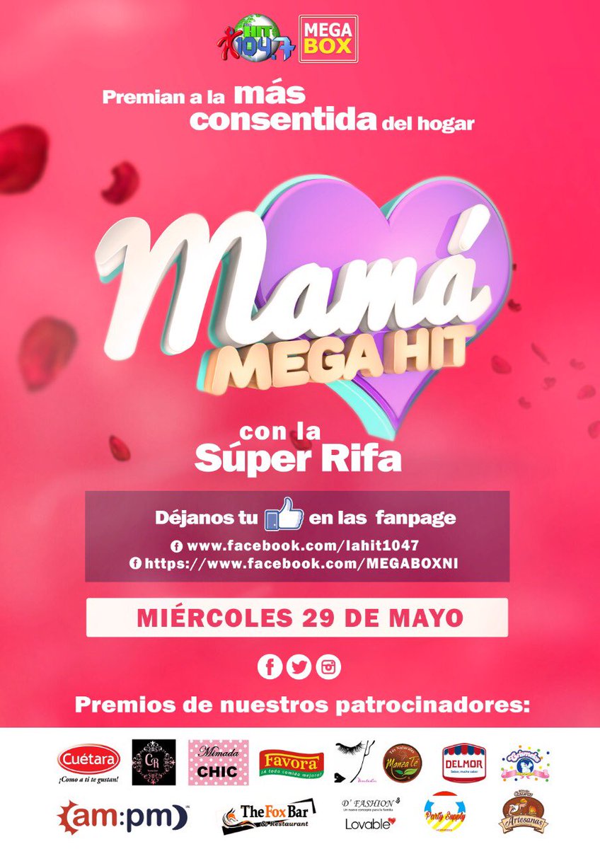 MEGABOXNI's tweet photo. #MegaBoxMúsica Y @LAHIT1047 premian a la más consentida del hogar, con la Súper Rifa #MAMÁMEGAHIT, para más info visitá nuestros fanspage en #Facebook 🎉🥰 https://t.co/hytvINxTH4