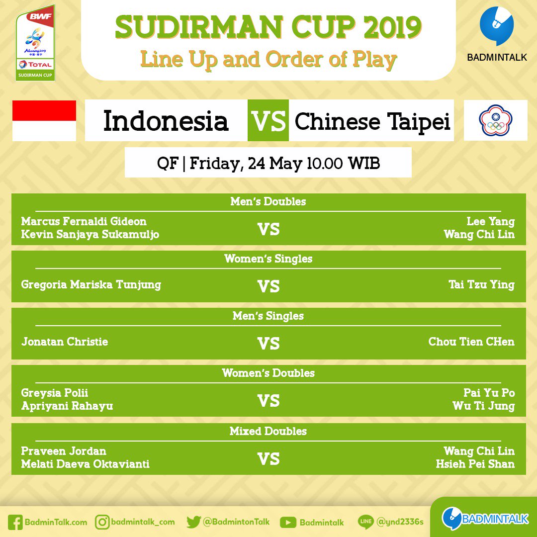 BadmintonTalk's tweet photo. BREAKINGGGGG!!

INI DIA YANG KITA TUNGGU-TUNGGU!

Lineup Indonesia vs Chinese Taipei!!

Bagaimana guys? Sesuai prediksi? RT+LIKES YAAA!!!

LIVE @TVRINasional mulai 10:00 WIB!!

WHO WILL WIN?

#SudirmanCup2019 https://t.co/WwBmKy8y1b