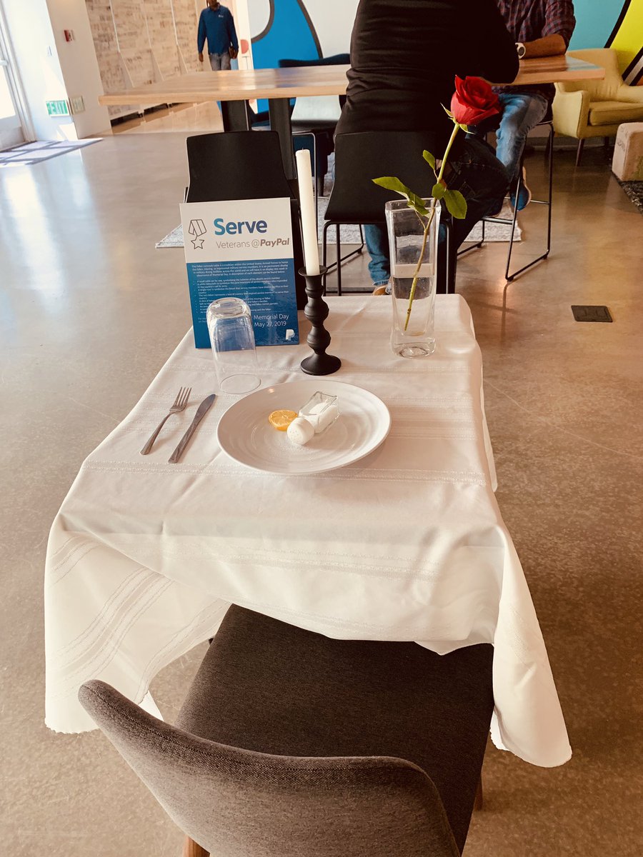 Laurenk817's tweet image. I spotted this table in the busy cafeteria at @PayPal HQ. Before today, I had no idea what a #fallencomradetable was. Each element has a special meaning that honors fallen, missing or imprisoned #militaryservice members. #ThankYou  #PayPalServe. #MemorialDay #IWontForget #OneTeam
