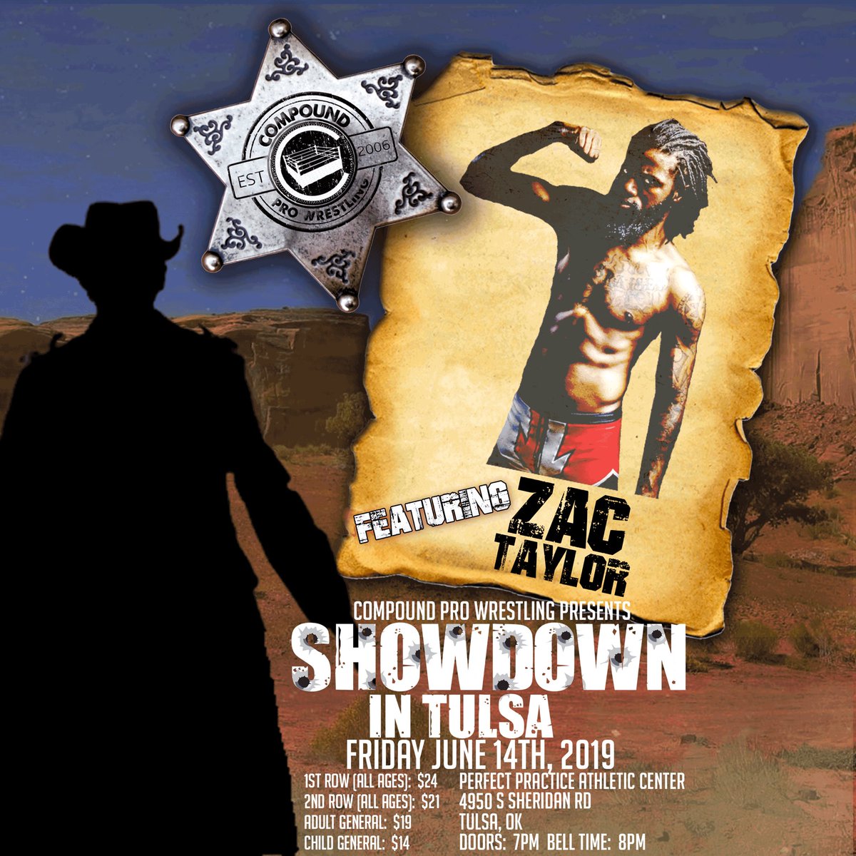 Compoundpw's tweet photo. .@NextLevelTaylor will be competing at #CompoundProWrestling Presents: SHOWDOWN IN TULSA Friday June 14th, 2019 will call tickets are already selling quick and only a few FRONT ROW seats left.  Get your will call tickets now at https://t.co/ToyIxR348t https://t.co/qkQyijqpon