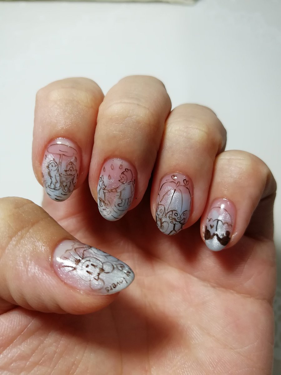 Hisae Nail 梅雨ネイル と思ったけど気温的には真夏 暑ー D ﾄｹﾙｰ ネイル 痛ネイル キャラネイル ネイルアート 手描きアート 手描きネイル 手描き アート 模写 モチーフネイル 梅雨ネイル 傘ネイル ディズニーネイル 線画